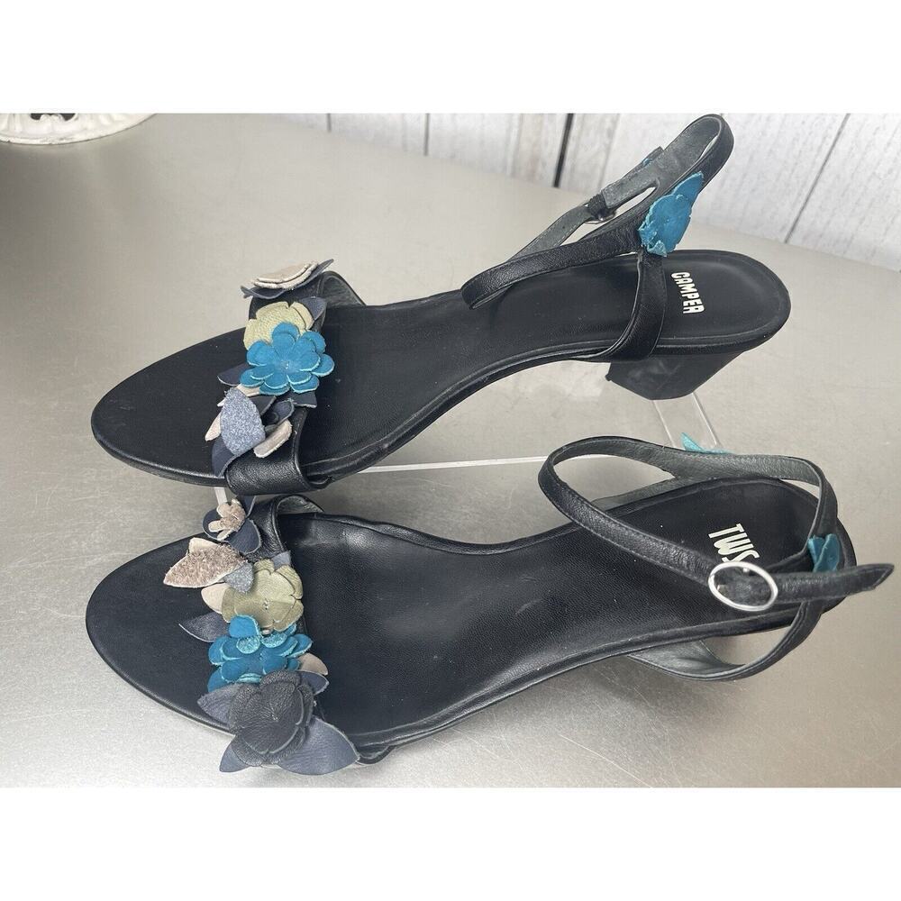 CAMPER Women’s Leather Sandal Heels Black Suede Blue Gray Flowers Size 10